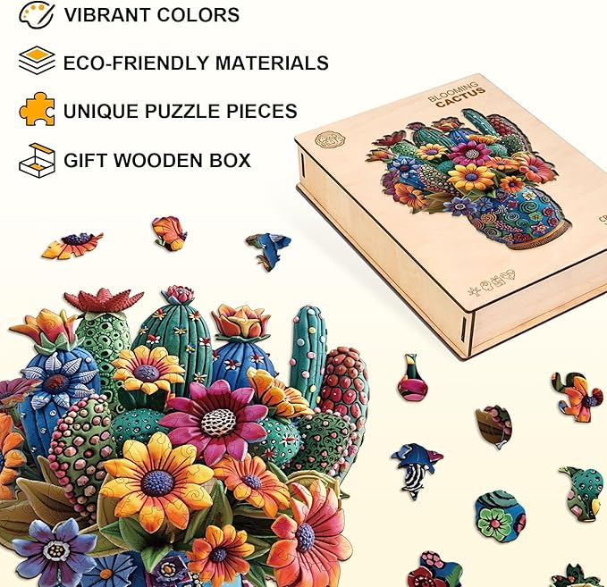 KAAYEE Wooden Puzzles for Adults, Blooming Cactus Jigsaw Puzzles, 70 Piece Unique Shape Puzzle, Creative Gifts for Adults/Friends/Family, Family Game，Wall Decor(8.5 * 6.7in)
