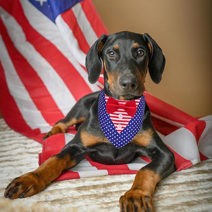 ADOGGYGO American Flag Dog Tuxedo Bandana, Red Blue Pet Tux with Bowtie Adjustable 4th of Julty Bandana Costume for Large Dogs Pets (L)