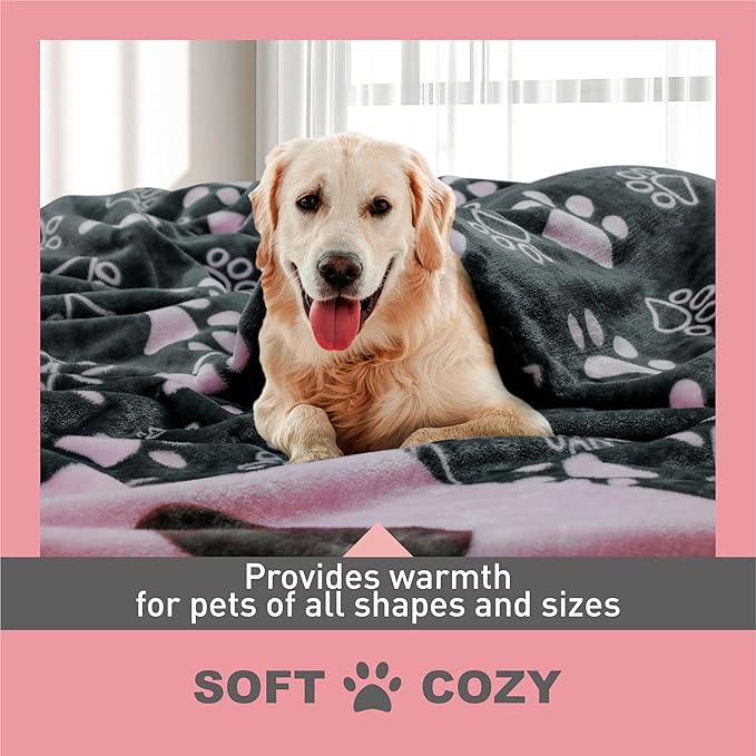 Flannel Dog Blankets for Large Dogs - Washable Pet Blanket, Soft Crate Bed Mat with Paw Pattern for Kennel/Couch, Grey & Pink 80x60 Inch