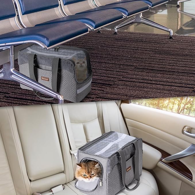 Cat Carrier Bag for Pets Up to 15 Lbs, Fully Open Mesh Roof, Side Vent & 3 Storage Pockets, Cat Dog Crate Travel Bag, Portable & Comfort Soft-Sided Dog Travel Bag, Grey