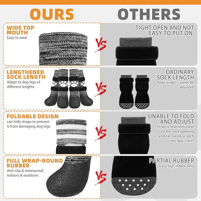 KOOLTAIL Anti Slip Dog Socks to Prevent Licking Paws for Hot/Clod Pavement,Waterproof Long Snow Dog Boots&Paw Protectors with Straps Traction Control for Hardwood Floor for Small Medium Large DogsL