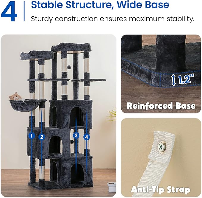 MWPO Extra Large Cat Tree - 70.1-Inch Tall Cat Tower with 3 Cat Condos, Multi-Level Cat Stand for Large Cats Featuring Scratching Posts, Padded Perches, Hammock, Dangling Toys - Smoky Grey