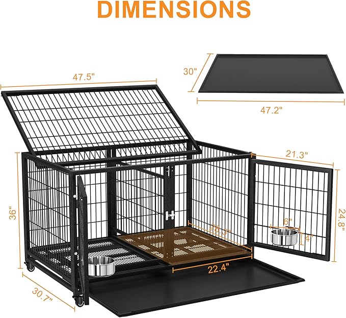 48/43 inch Heavy Duty Dog Crate for Large Dogs, Stackable Dog Kennels and Metal Wire Cages with Feeding Bowls, Leak-Proof Pans, Removable Wire Trays and Divider, Extra Large XL XXL