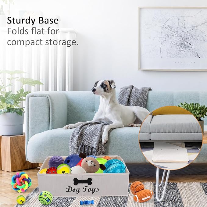 Collapsible Dog Toy Box - Fabric Storage for Toys/Blankets/Leashes - Personalizable - Slub Beige