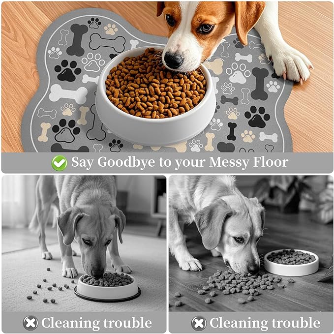 Dog & Cat Food Mat Bone Shaped Pet Feeding Mat Quick Absorb Water Bowl Placemat with Rubber Backing Indoor Floor Stain Resistant Pet Accessory Supplies (Gray, 12x18 Inches)