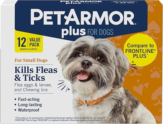 PetArmor Plus Flea and Tick Prevention for Dogs, Small Dog Flea and Tick Treatment, 12 Doses, Waterproof Topical, Fast Acting (5-22 lbs)