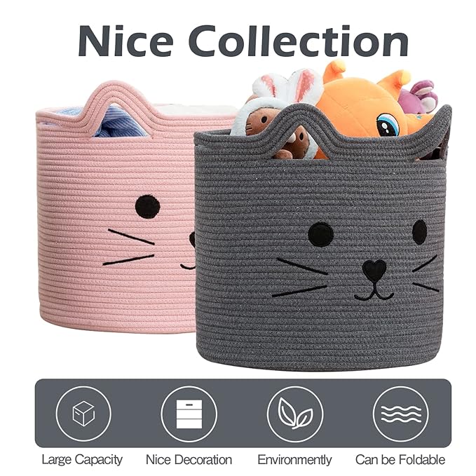 VK VK·LIVING Large Basket for Organizing Cute Animal Storage Baskets Cat Toy Storage Woven Cotton Rope Hamper Organizer for Laundry, Towels, Blanket, Toys, Clothes, Gifts, Pet Bed 15''x14''