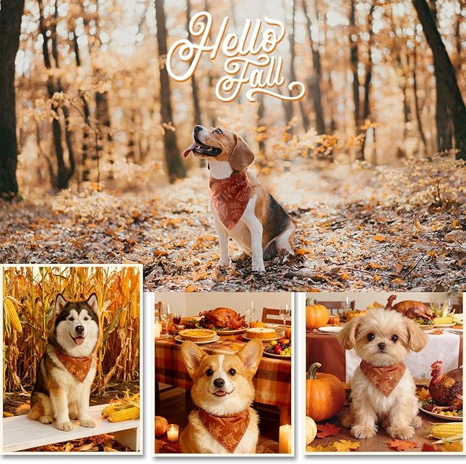Fall Dog Bandana Thanksgiving Holiday Autumn Leaves Girls Pet Triangle Neck Scarf with Snap Button, Sktech Printed Style, Small and Medium Breed, 5-30lbs