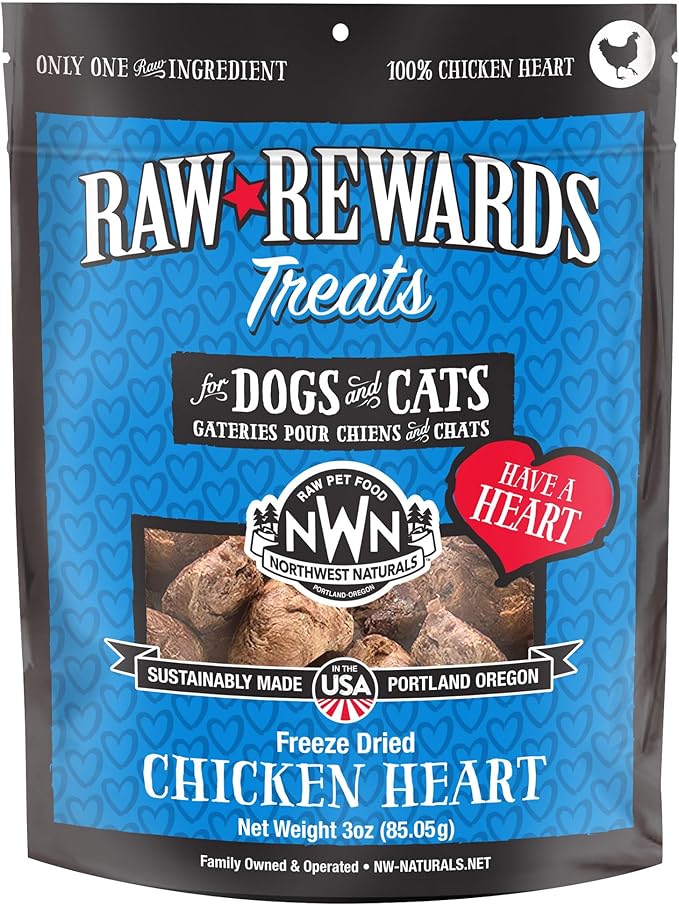 Northwest Naturals Raw Rewards Freeze-Dried Chicken Heart Treats for Dogs and Cats - Bite-Sized Pieces - Healthy, 1 Ingredient, Human Grade Pet Food, All Natural, Proudly Made in USA, 3 Oz