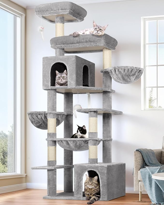 Globlazer Tall Cat Tower, 76 inch Multiple Level Cat Climbers for Indoor Cats, XL Cat Tree with 5 Scratching Posts, 2 Cat Condos, Hammock, 2 Hanging Baskets, F76B, Light Grey