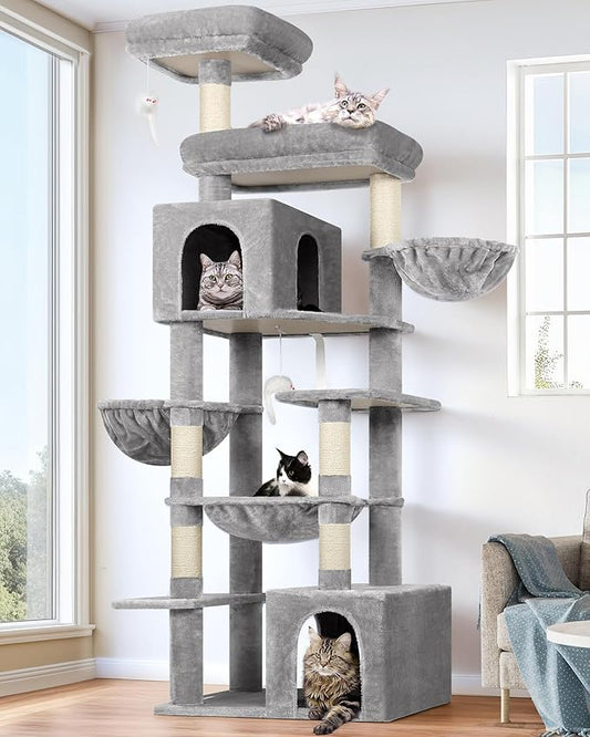 Globlazer Tall Cat Tower, 76 inch Multiple Level Cat Climbers for Indoor Cats, XL Cat Tree with 5 Scratching Posts, 2 Cat Condos, Hammock, 2 Hanging Baskets, F76B, Light Grey