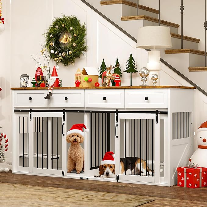 Real Relax 71” Large Dog Crate Furniture for 1 or 2 Dogs with Sliding Door, Heavy Duty Dog Kennel Furniture for Small/Medium Dogs with 4 Bowls, Dog Cage with Steel Frame, White