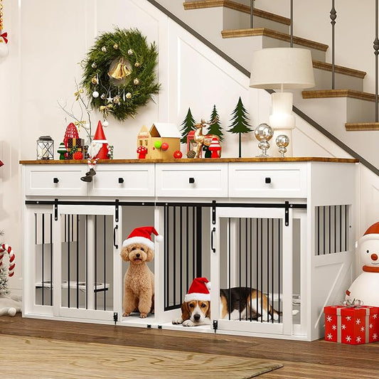 Real Relax 71” Large Dog Crate Furniture for 1 or 2 Dogs with Sliding Door, Heavy Duty Dog Kennel Furniture for Small/Medium Dogs with 4 Bowls, Dog Cage with Steel Frame, White