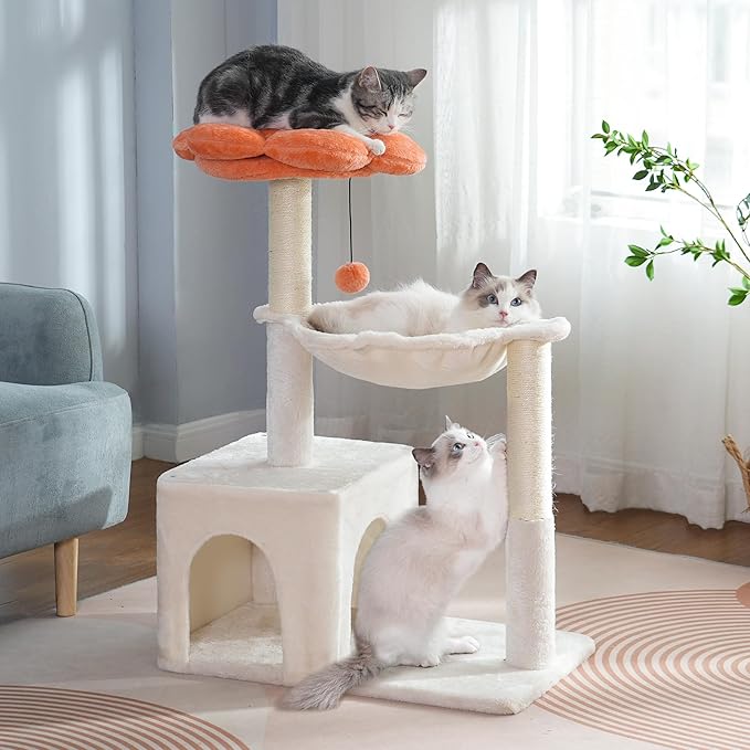 Flower Cat Tree 34" Scratching Post Small Cat Tower for Large Cats,Featuring with 15.7”Large Hammock, Removable Top Bed and Wide Condo for Indoor Cats-Beige