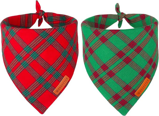 ADOGGYGO Christmas Dog Bandanas 2 Pack, Red Green Plaid Pet Xmas Scarf Bib, Multiple Sizes, Christmas Bandanas for Small Dogs (Small)