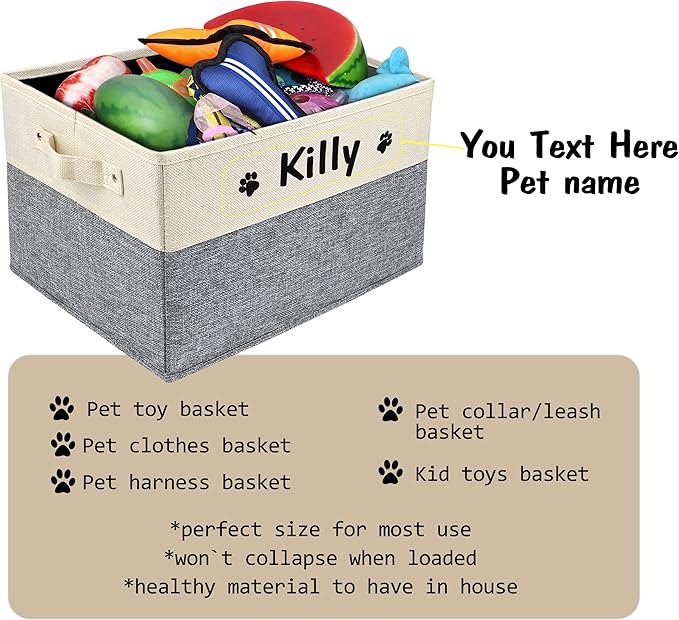 PET ARTIST Personalized Dog Toy Bin for Dog Toys Accessories - Foldable Dog Toy Basket Storage Box for Pet Toys,Dog Coat, Upgrade Grey, M:15''(38cm)*11''(28cm)*9''(23cm)