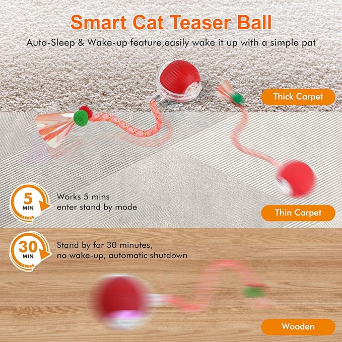 Interactive Cat Toys for Indoor Cats, Automatic Kitten Toys for Bored Indoor Adult Cats, Smart Kitten Rolling Ball Moving Balls Toy, Rechargeable Dog Cat Ball for Enrichment Exercise (Red)
