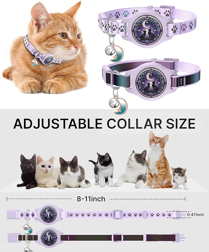 Cat Collar with Airtag Holder, 2 Pack Waterproof Breakaway Kitten Collar for Apple AirTag GPS Tracker, Adjustable Cat Collar with Buckle, Bell & Reflective Pattern for Cats, Kittens, Purple (8-11")