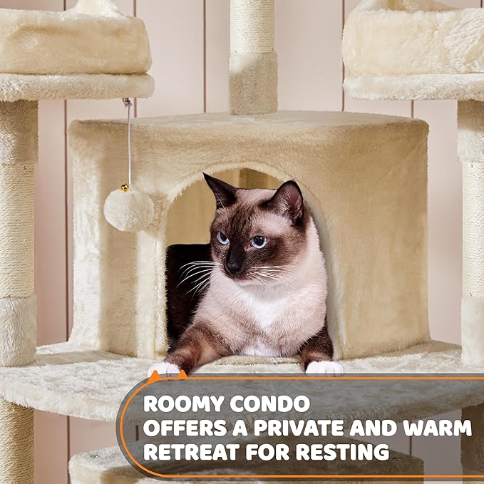 Yaheetech 68.5in Cat Tree Multi-Level Cat Tower with Large Cat Condo＆Cozy Perches Stable Pet Play House w/Sisal-Covered Scratching Posts＆Board for Indoor Cats, Beige