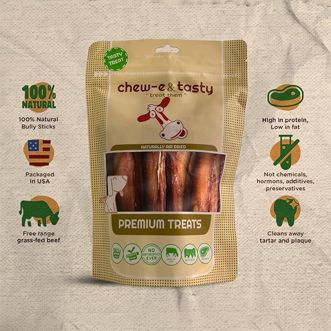 chew-e&tasty Premium Grade 6" Monster Bully Sticks (Pack of 5) - All Natural Free-Range Odor Free High Protein Dental Dog Chews Safest Long Lasting Pizzle Chews to Keep Your Dog Busy for Large Dogs