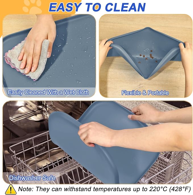 Silicone Pet Feeding Mat with Raised Edge for Food and Water, Dog Bowl Mats, Cat Bowls Placemat with High Lip for Floor Waterproof, Rubber Tray for Cats and Dogs 22 x 14 x0.8 Slate Blue