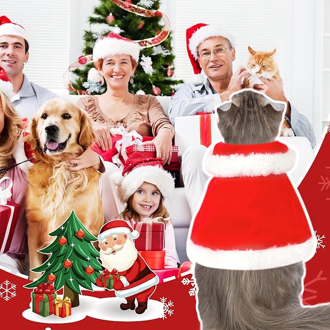 Dog Christmas Clothes Cloak, Pet Christmas Costume Poncho Cape for Cats Small Dogs, Kitten Santa Costume, Puppy Xmas Claus Costumes Apparel, Pet Santa Claus Red Cloak for New Year Party Cosplay