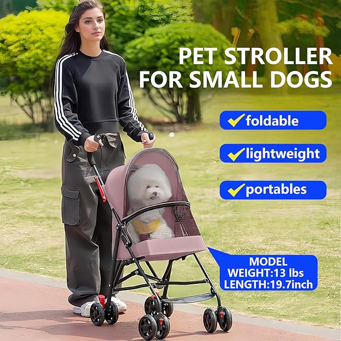 Pet Stroller for Small Dogs and Cats,CYUmail 4 Wheels Foldable Dog Stroller,Puppy Carrier for Small Dogs 0-15 lbs w/Cup Holder,Breathable Visible Mesh,Pink