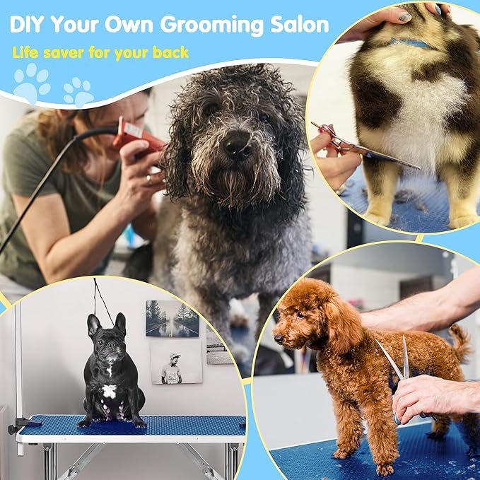 Lyromix 42''Large Dog Grooming Table, Adjustable Cat Drying Desktop with Arms, Nooses, Mesh Tray, Foldable Pet Station at Home, Maximum Capacity Up to 330Lb, 42inch, Blue