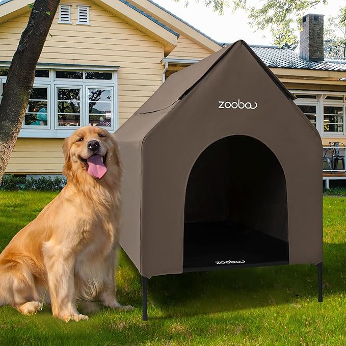 36" Large Dog House for Large Dog Indoor or Outside, Weatherproof 600D PVC Outdoor, Featuring Breathable 2x1 Textilene Elevated Dog Bed, Easy Clean (Brown)