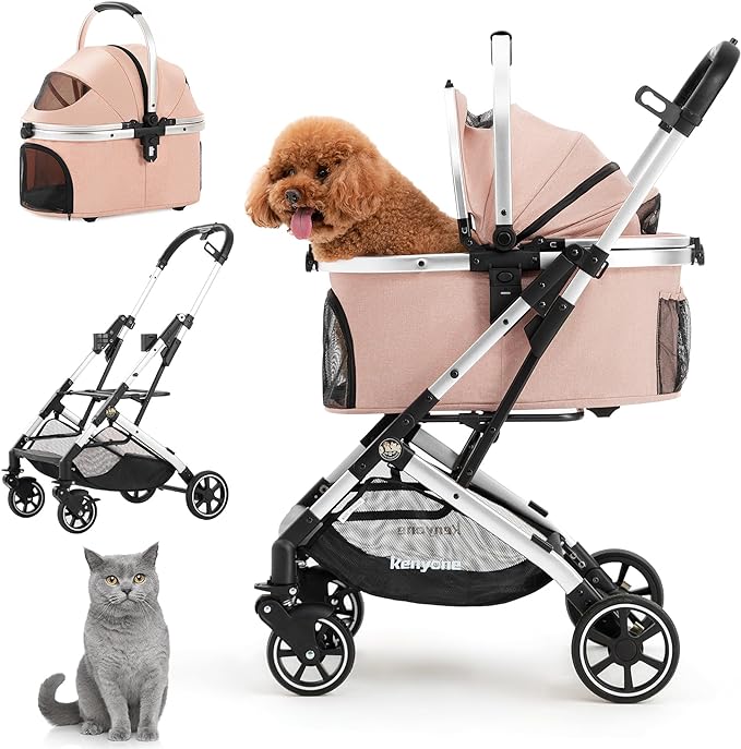 Kenyone 3-in-1 Pet Stroller for Small Medium Dogs Puppy Cat Stroller with Detachable Carrier & Pad Lightweight Foldable Aluminum Alloy Frame Dual No-Zip Entry(Pink)