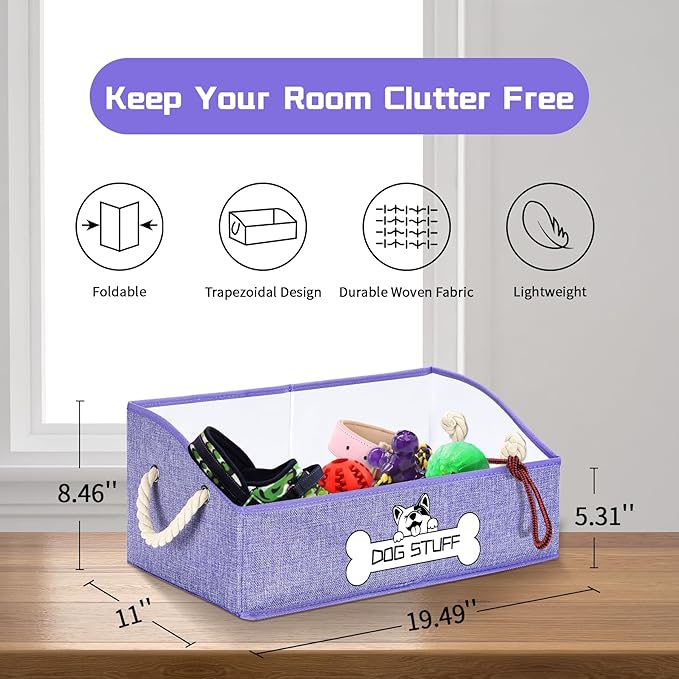 Collapsible Fabric Dog Toy Box and Storage Bin With Handle - Trapezoid Basket Chest Organizer for Pet Toys, Blankets and Accessories, Purple