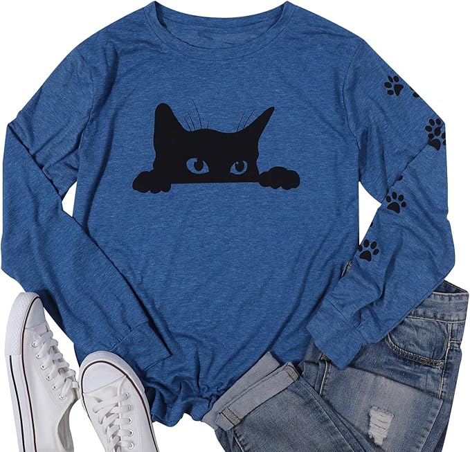 JINTING Cat Shirts for Women - Loose Fit Lightweight Long Sleeve Graphic Tee Fall Printed Crewneck Blouse Casual Tops