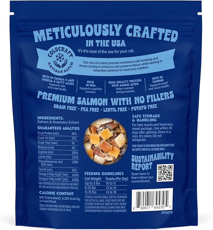 Finfare Freeze Dried Salmon Skin Bites, Grain Free Crunchy Salmon Cat Treats, High Protein & Omega-3s for Skin & Coat Health, Crafted in USA, 1.3oz