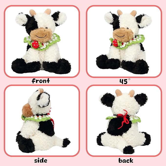 Hopearl Adorable Plush Cow Toy with Knitted Cute Strawberry Bib Floppy Dairy Cattle Soft Stuffed Animal Gifts for Boys Girls Kids Toddlers, 9''