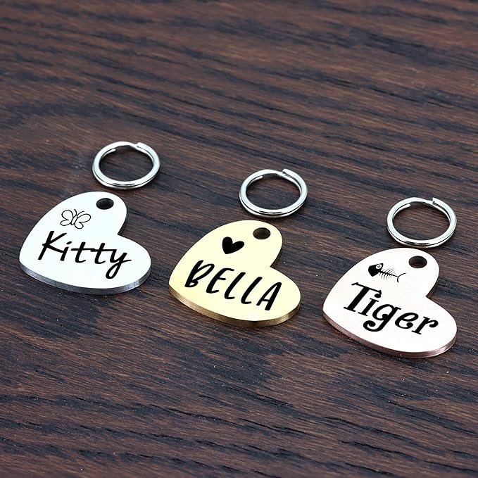 Ultra Joys Cat ID Tag Personalized Pet Tags, Durable Stainless Steel Small Pet Mini Dog Cat Tag Lightweight -Heart Tag in Rose Gold
