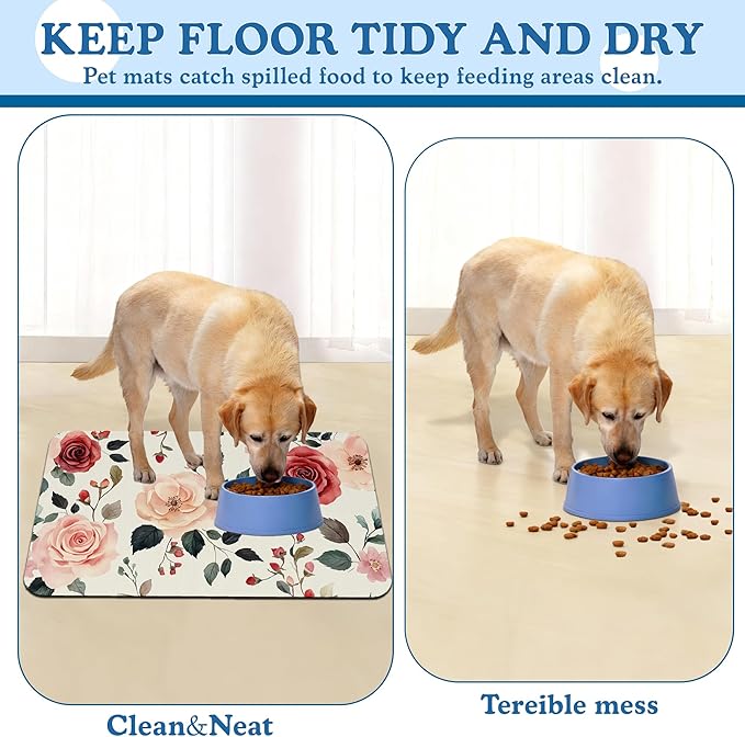 Pink Flower Leaf Pet Feeding Mat–Quick Dry Absorbent Dog Cat Food Mat, Non Slip Waterproof Bowl Placemat for Messy Eaters, Pet Accessories for Floors 16"x24"