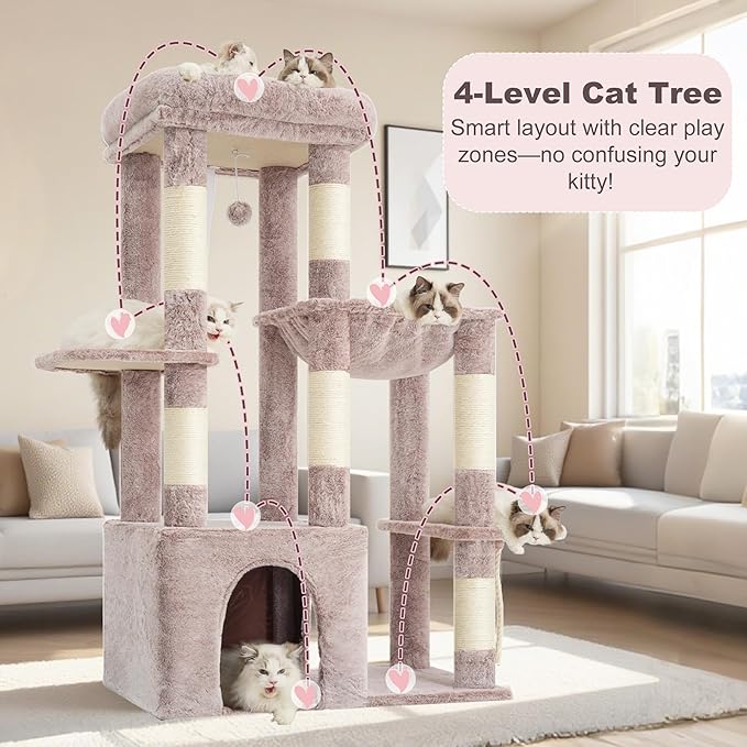 Heybly Heavy Duty Cat Tree, Tower for Indoor Cats Large Adult, Tall Cat Condo House with Extra-Large Baseboard, Multi-Level Plush Furniture with Scratching Posts, Hammock,Toy Balls,Muchroom HCT026MU
