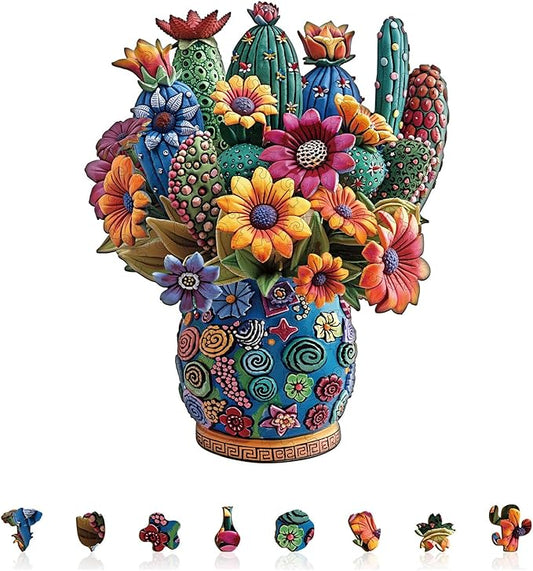 KAAYEE Wooden Puzzles for Adults, Blooming Cactus Jigsaw Puzzles, 180 Piece Unique Shape Puzzle, Creative Gifts for Adults/Friends/Family, Family Game，Wall Decor(13.4 * 10.6in)