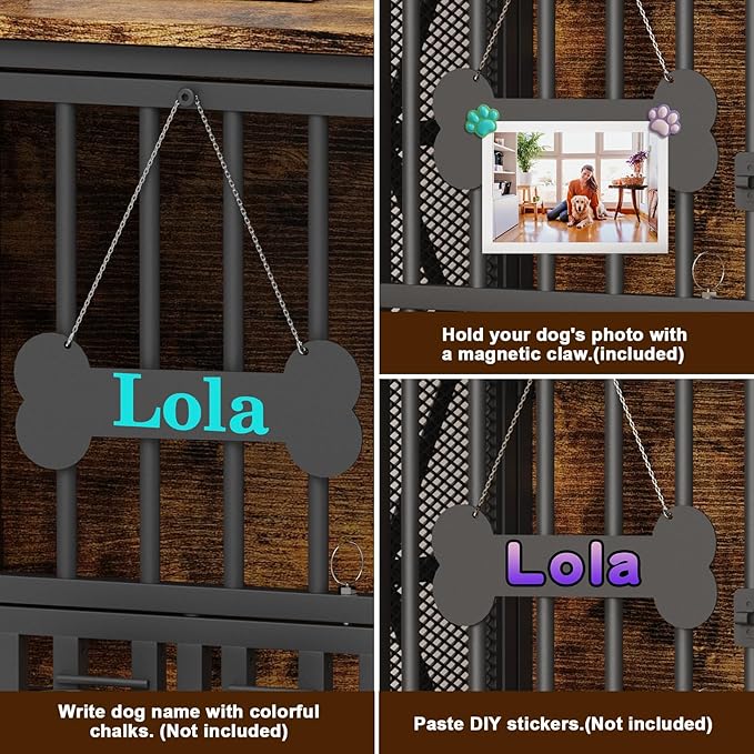 Easycom Foldable Large Dog Crate Furniture, 41.3" Assembly-Free Dog Crates for Large Dogs, Decorative Wooden Dog Kennel Indoor with Tag & Dog Bowls, Dog Cage Use as TV Stand, Rustic Brown