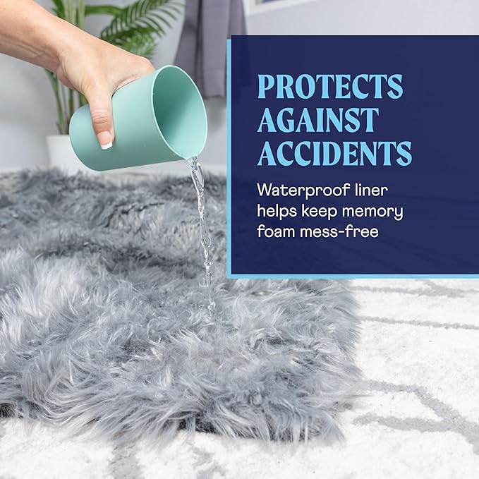 PAW BRANDS PupRug Orthopedic Dog Bed for Large Dogs with Fluffy Soft Faux Fur and Memory Foam for Joint Pain Relief, Machine Washable and Waterproof Couch Bed, White with Brown Accents, Large/XL