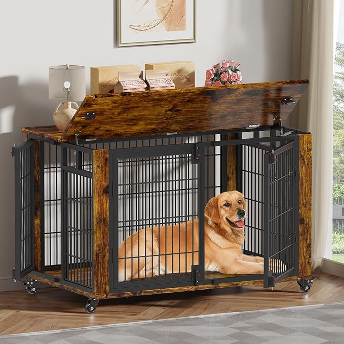 EasyCom 90% Pre-Assembled 41" Moveable XL Dog Crate, Large Dog Crate Furniture with Top-Access Teasing/Feeding Doors, Chew-Resistant Dog Kennel Indoor Furniture for Medium and Large Dogs