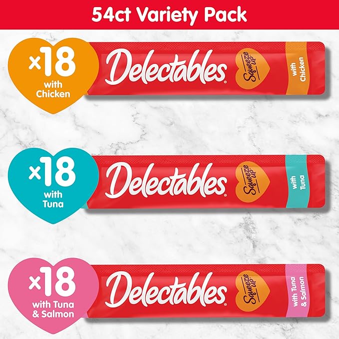 Hartz Delectables Squeeze Up Variety Pack, Creamy Squeezable Puree, Lickable Wet Cat Treats, Grain Free, No Added Fillers, No by-Products, No Added Preservatives, 0.5 Ounces Tube, 54 Tubes Total