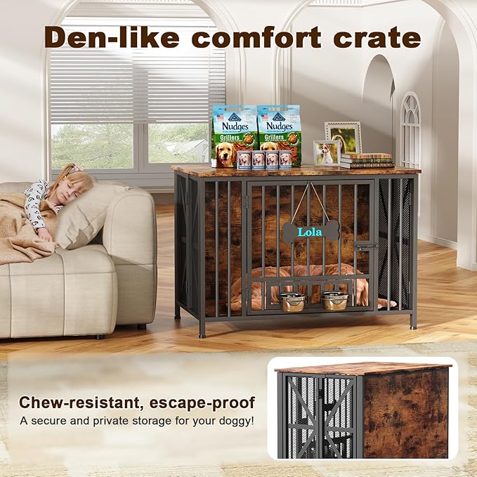 Easycom Foldable Large Dog Crate Furniture, 41.3" Assembly-Free Dog Crates for Large Dogs, Decorative Wooden Dog Kennel Indoor with Tag & Dog Bowls, Dog Cage Use as TV Stand, Rustic Brown