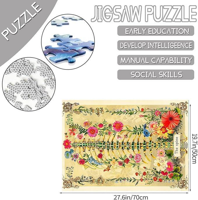 Spine Skeleton Jigsaw Puzzle Human Anatomy Flower 1000 Pieces Puzzles Game Human Skull Floral Puzzles for Adults Home Decor Family Puzzle Perfect for Game Nights Ideal Gift Choice 20 x 27 Inch
