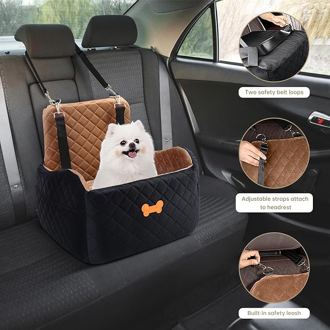 Dog Car Seat for Small Dogs, Dog Booster Seat Filling in Thick Memory Foam with 2 Safety Leashes and Storage Pocket, Suitable for Pet Under 30lb or 2 Puppies (Brown/Black)
