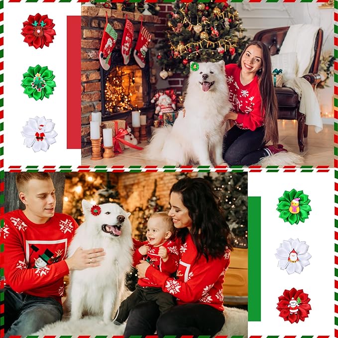 Sadnyy 60 Pack Christmas Dog Hair Bows Christmas Flower Bows with Rubber Bands Puppy Bows Hair Accessories Dog Bows Grooming for Small to Large Dogs Cats Pets (Snowman)