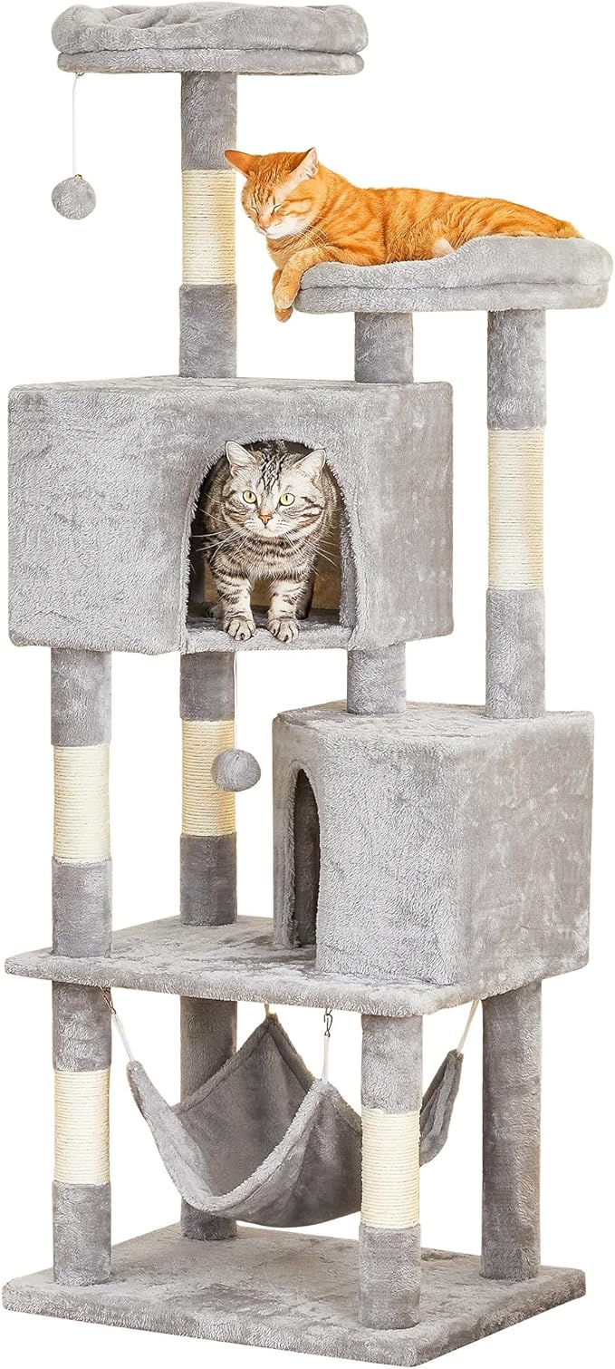 Cat Tree for Indoor Cats - 63in Multi-Level Large Cat Tower with 2 Big Cat Condos, 2 Padded Perches, Hammock, 6 Sisal-Covered Scratching Post and Toys for Kittens Pet Play House, Light Grey