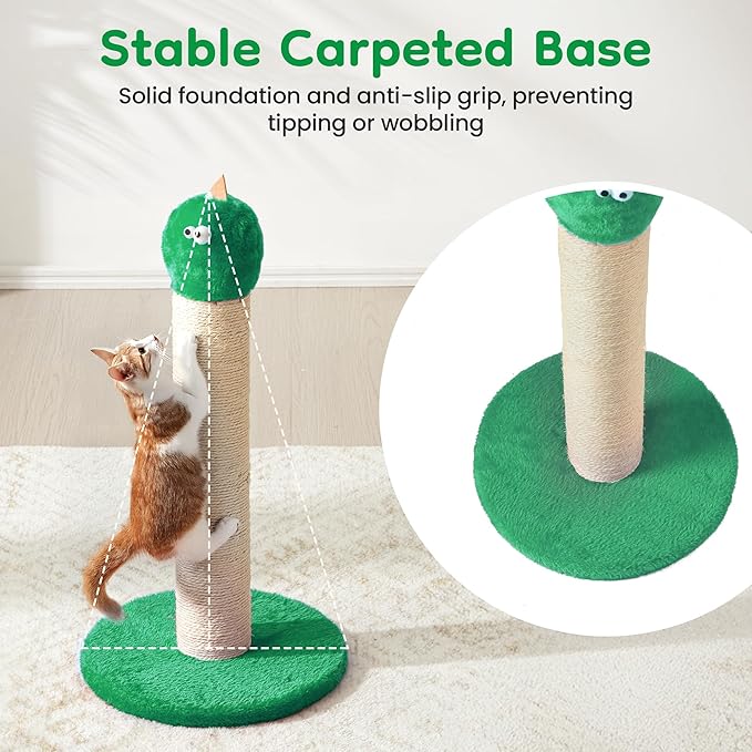 Indoor Cat Scratching Post: 22 in Tall Cat Scratcher with Natural Sisal Rope, Cute Monster Design Kitty Pet Tower with Sturdy Wood Base, Great Gift for Small and Large Kittens, Green
