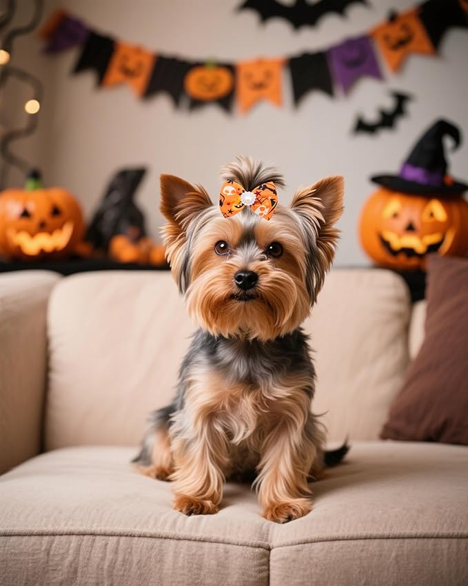 PET SHOW 10 Pack 2" Halloween Small Dogs Hair Bows with French Clips Rhinestone Yorkie Barrette Clip Bowknot for Medium Dogs Puppy Pet Ghost Pumpkin Topknot Cat Grooming Hair Accessories