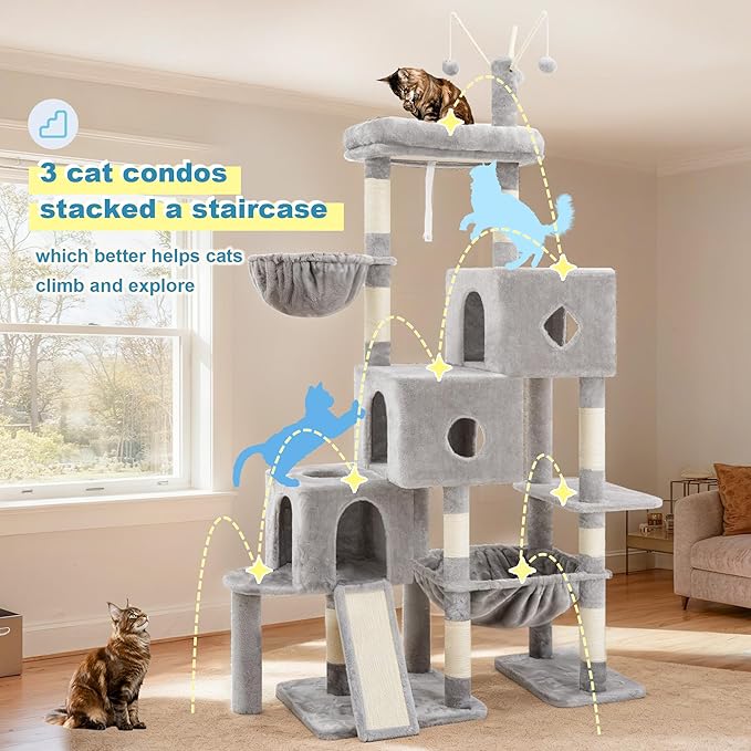 Hey-brother Cat Tree Tower, Scratching Posts with 3 Condos, Large Basket, Cozy Bed, Sisal Board, Step-by-Step Climbing Pathway and Toys, 74.8 inches Furniture for Big Indoor Cats, Light Gray MPJ081W
